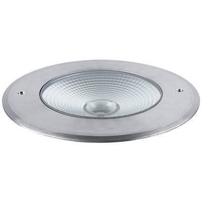 Un projecteur de sol rond en argent avec une couverture en verre et une surface striée, idéal pour l'éclairage extérieur.