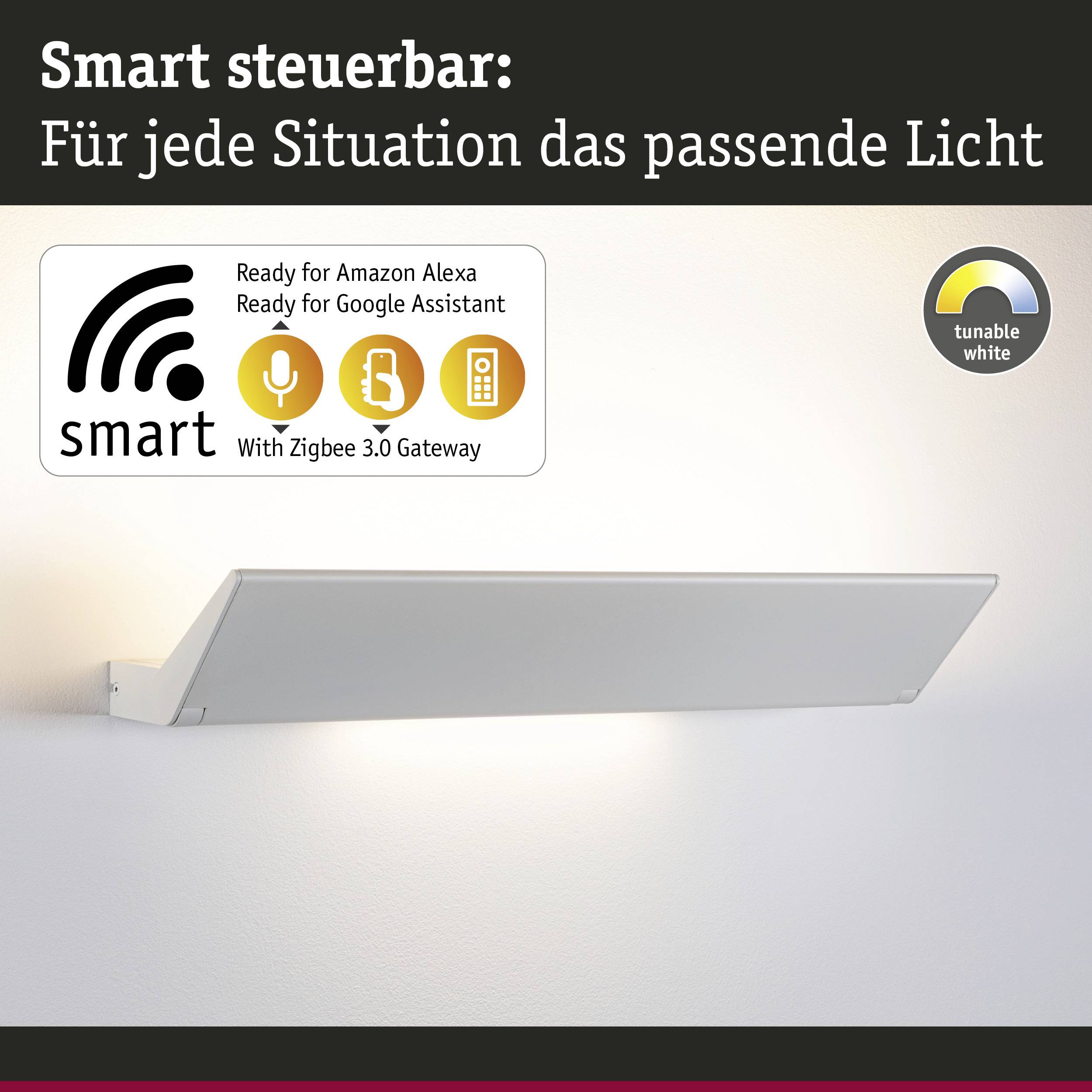 Luminaire LED blanc rectangulaire fixé au mur, avec l'inscription 'Contrôle intelligent', compatible avec Amazon Alexa et Google Assistant.