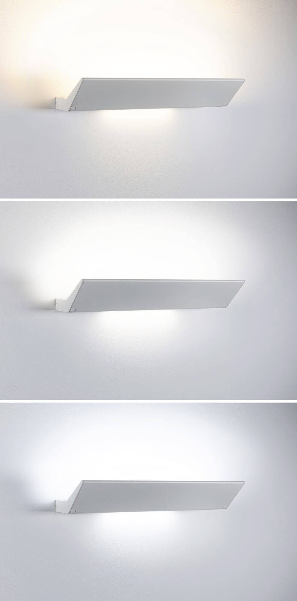 Trois images d'une applique murale moderne éclairée à différentes intensités lumineuses : blanc chaud, blanc neutre et blanc froid.