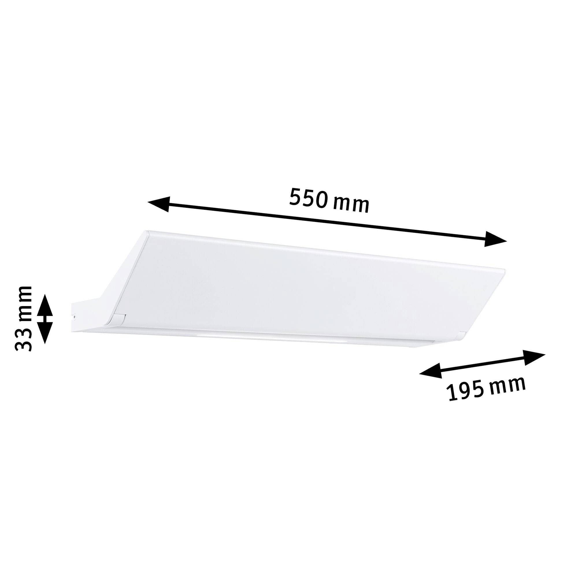 Dispositif de ventilation rectangulaire blanc, largeur 550 mm, profondeur 195 mm, hauteur 33 mm.