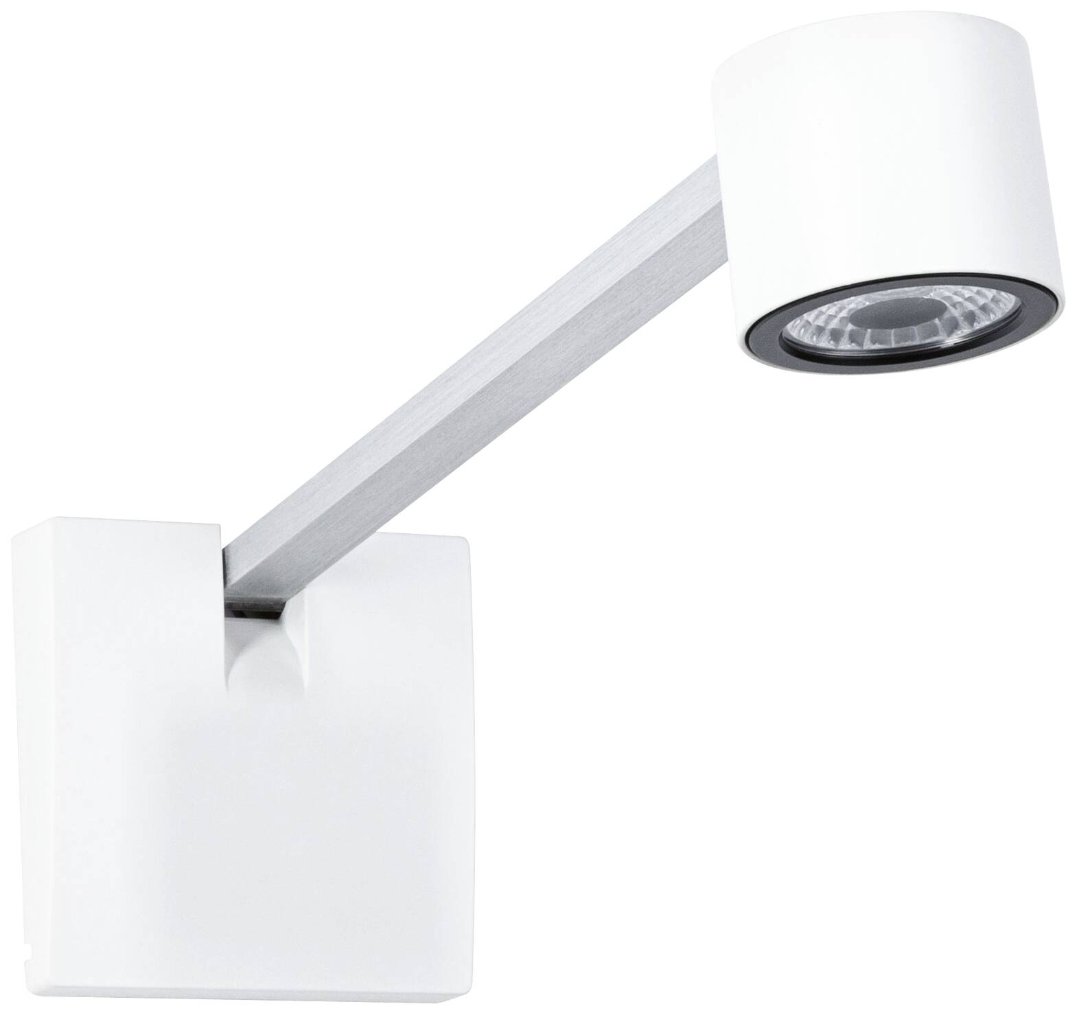 Lampe murale au design moderne et minimaliste, avec boîtier blanc et tête de lampe orientable. Idéale pour un éclairage ciblé.