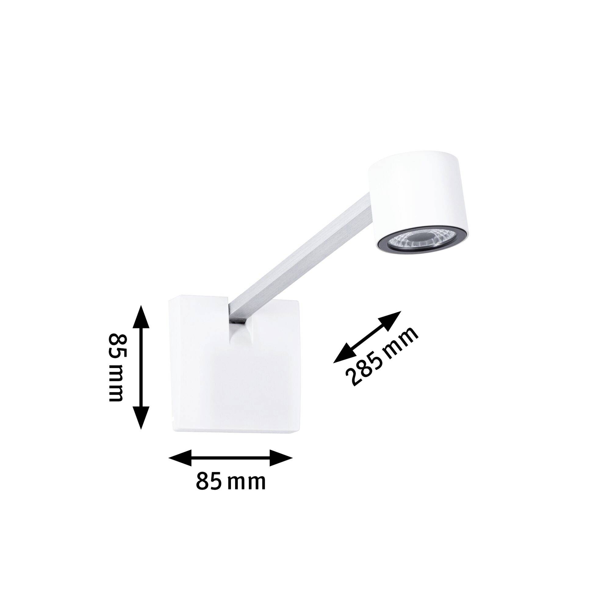 Applique murale blanche moderne en métal, large de 85 mm, bras de 285 mm de long, avec tête orientable pour un éclairage ciblé.