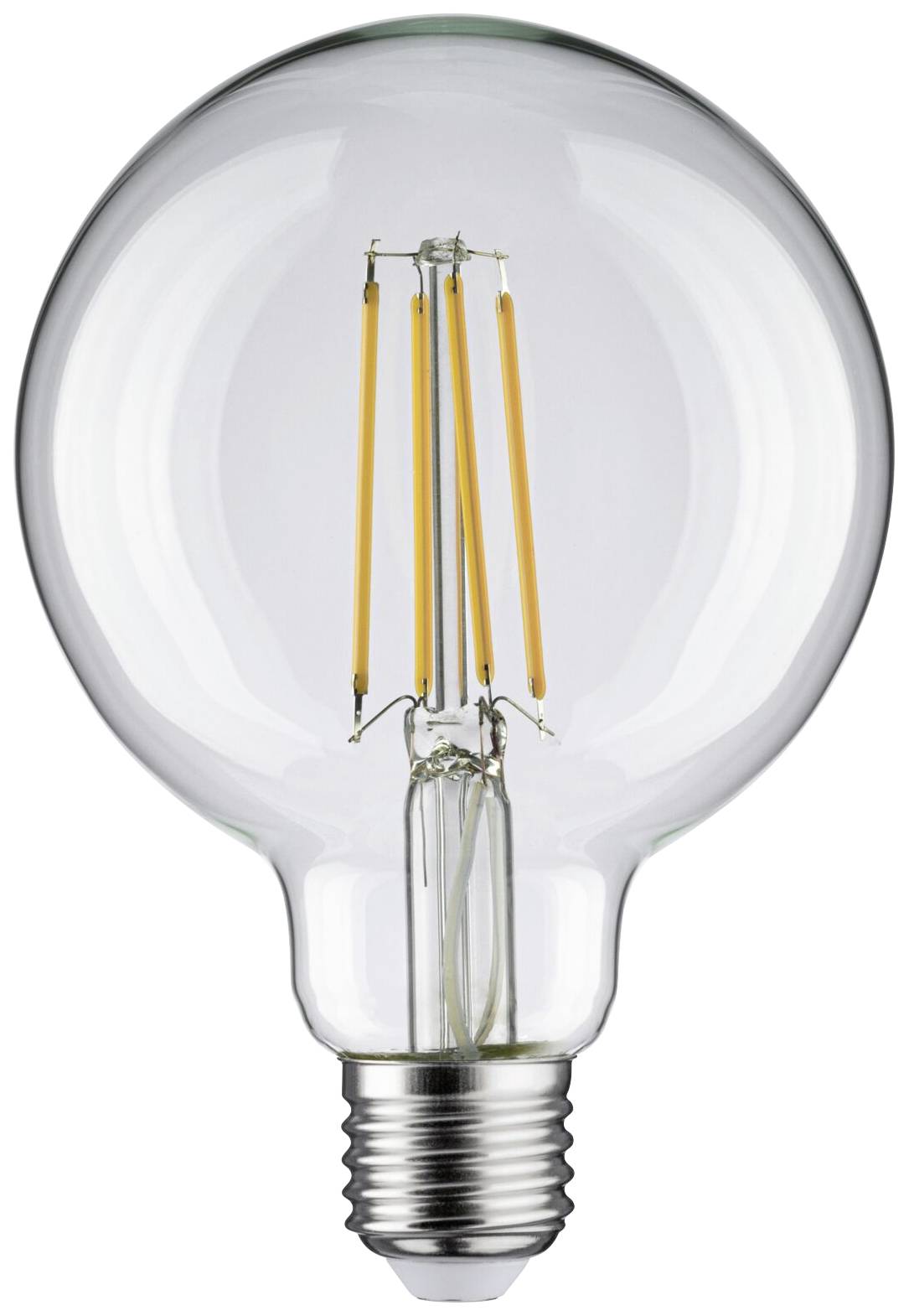 Ampoule à filament visible, allumée, sur fond blanc.