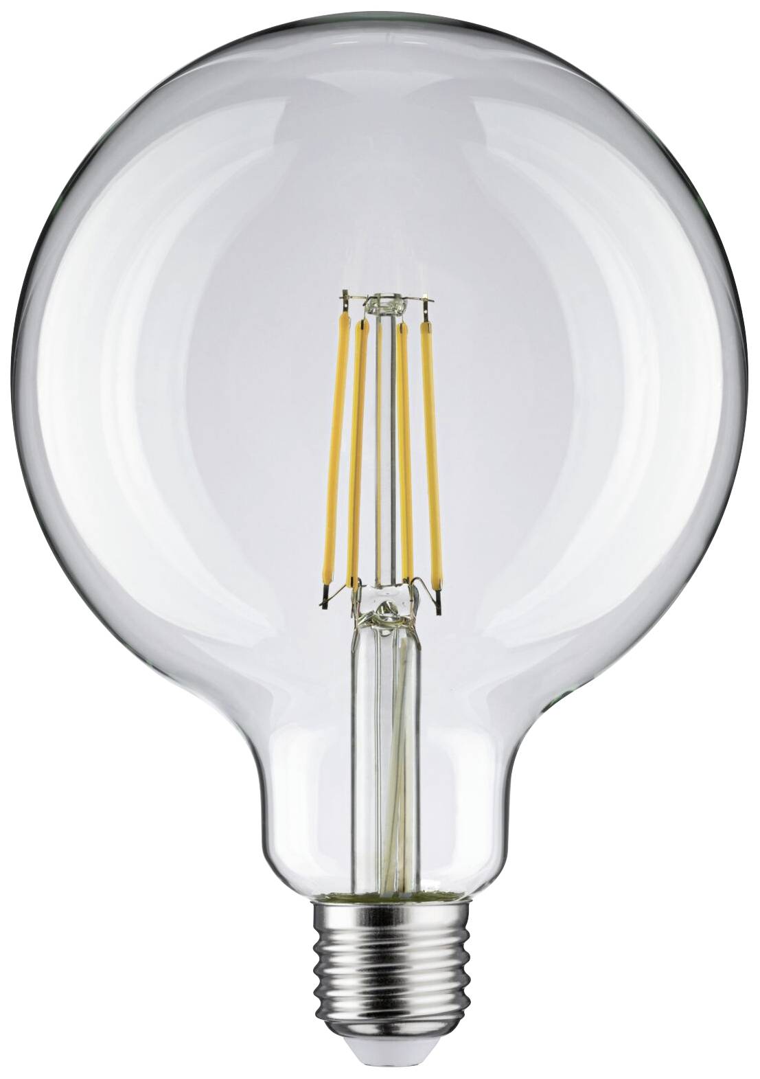 Ampoule à filaments visibles, éteinte et droite sur un fond blanc.