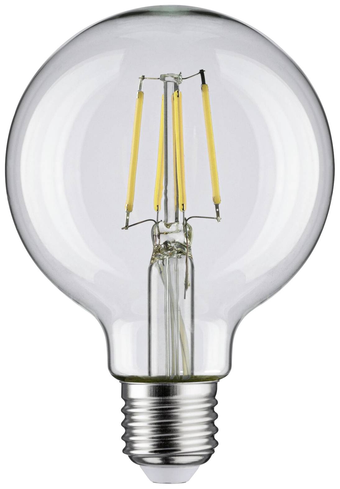 Ampoule à filaments visibles dans un boîtier en verre transparent.