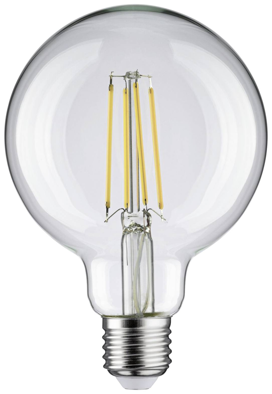 Une ampoule transparente avec des filaments jaunes visibles et un socle métallique, symbole d'idées ou d'illumination.