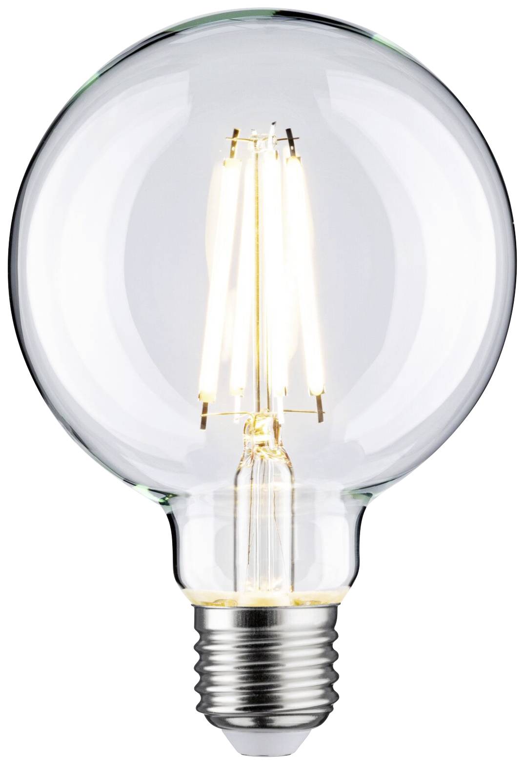 Ampoule à filament apparent brillant intensément, sur fond blanc.