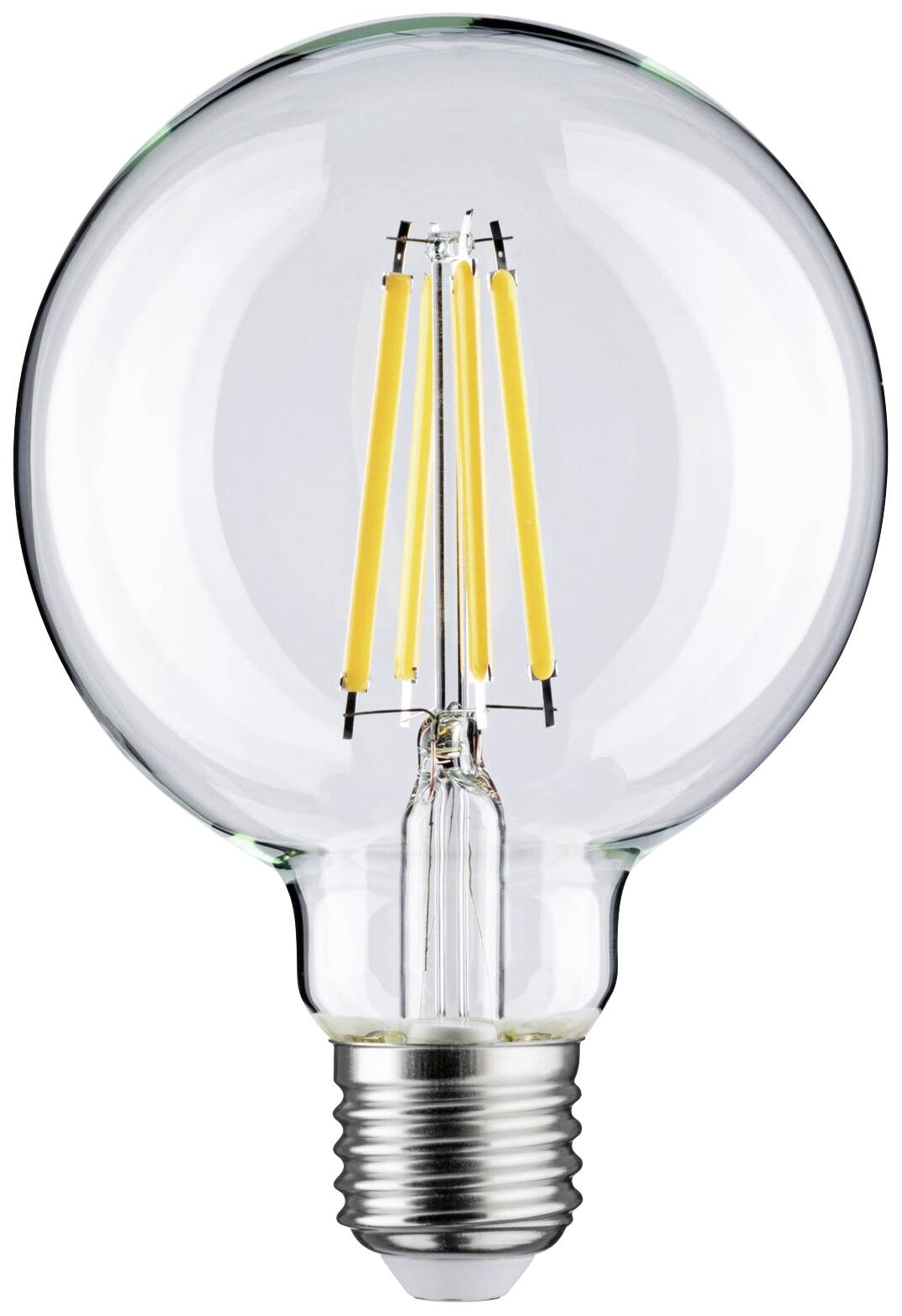 Une ampoule LED transparente avec un filament visible et une base argentée sur un fond blanc.