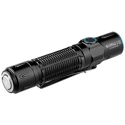 Une lampe torche noire avec une poignée texturée et un bouton bleu. Sur le côté est inscrit 'Warrior 3S'.