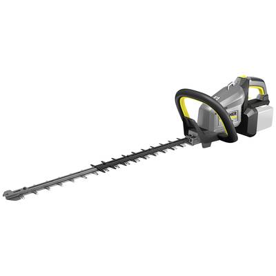 Taille-haie à batterie de Kärcher avec poignée ergonomique et long couteau de coupe, idéal pour l'entretien du jardin.