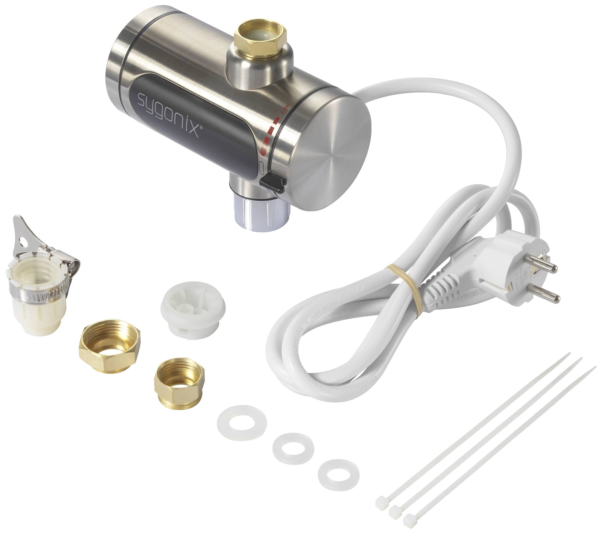 Chauffe-eau électrique instantané avec câble et fiche, deux raccords dorés, matériel de fixation et joints d'étanchéité blancs.