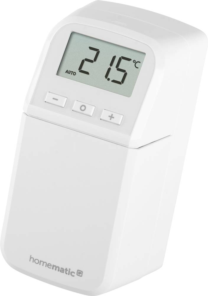 Un thermostat numérique blanc affiche '21,5°C' sur un écran. Trois boutons sont situés sous l'écran : '-', 'o' et '+'.