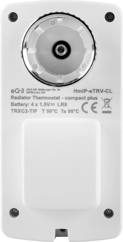 Vue arrière d'un thermostat de radiateur blanc avec un compartiment à piles, des marquages pour le type de pile et des indications de température.