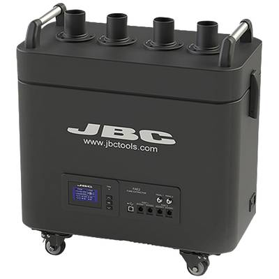 Aspirateur de fumée Schwarzer JBC-FR-4000 avec quatre connexions, adapté aux systèmes de soudage industriels et utilisable de manière mobile sur roulettes.