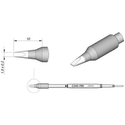 Pointe de fer à souder C245-768 montrant la pointe en vue latérale et de dessus agrandie ; dimensions 10 mm de longueur, 1,5 mm de largeur ; corps cylindrique.