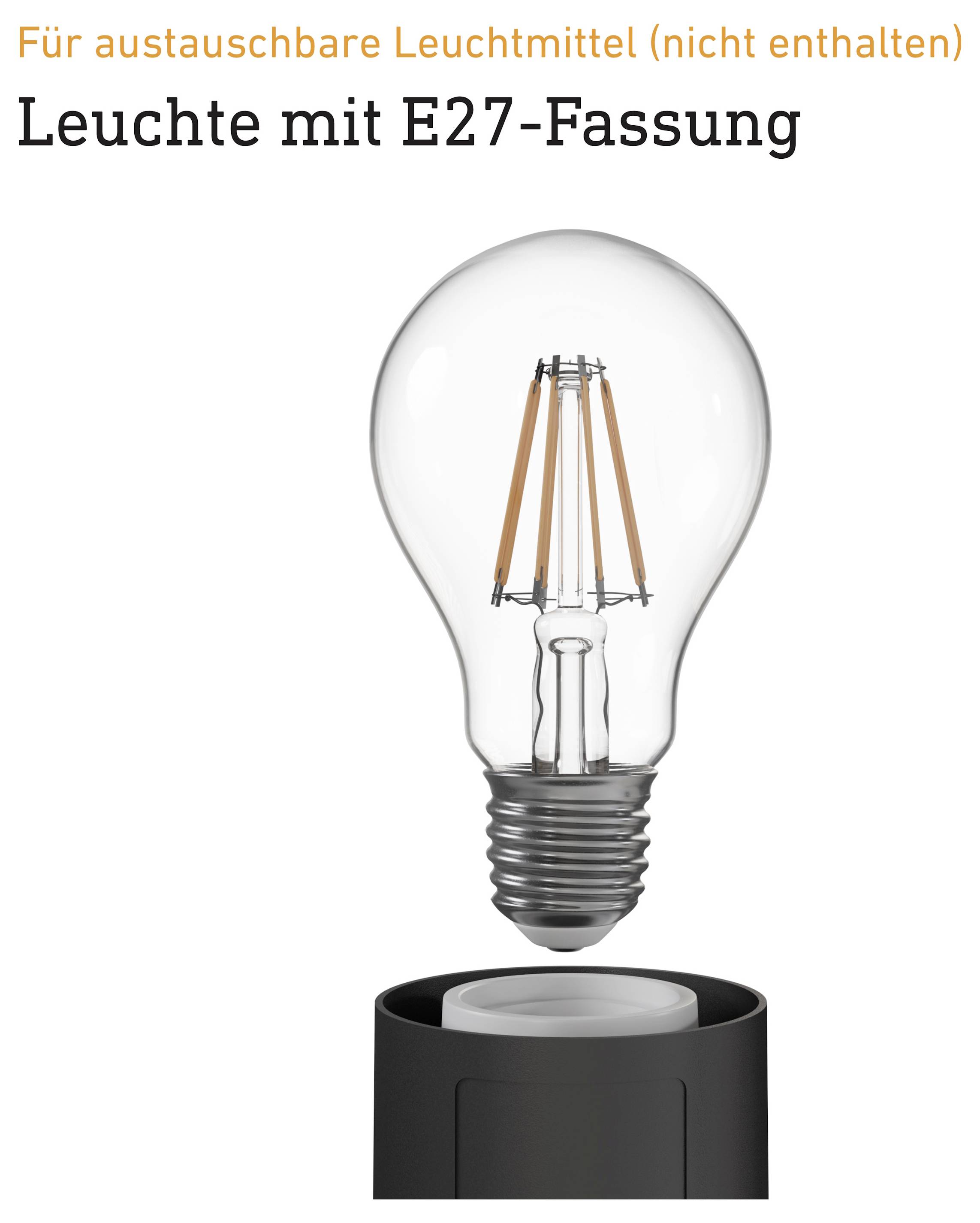 Lampe avec douille E27 ; au-dessus pend une ampoule à incandescence pour des sources lumineuses interchangeables, remarque : « Pour les sources lumineuses interchangeables (non incluses) »