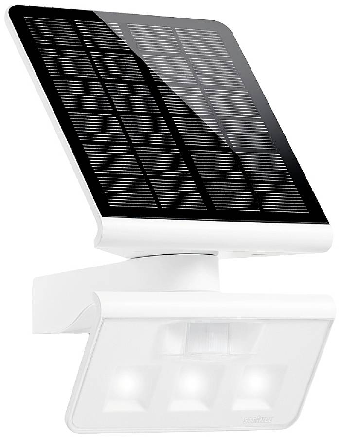 Lampe solaire blanche avec panneau solaire en haut, équipée de plusieurs LED en dessous, conçue pour l'éclairage extérieur et les économies d'énergie.