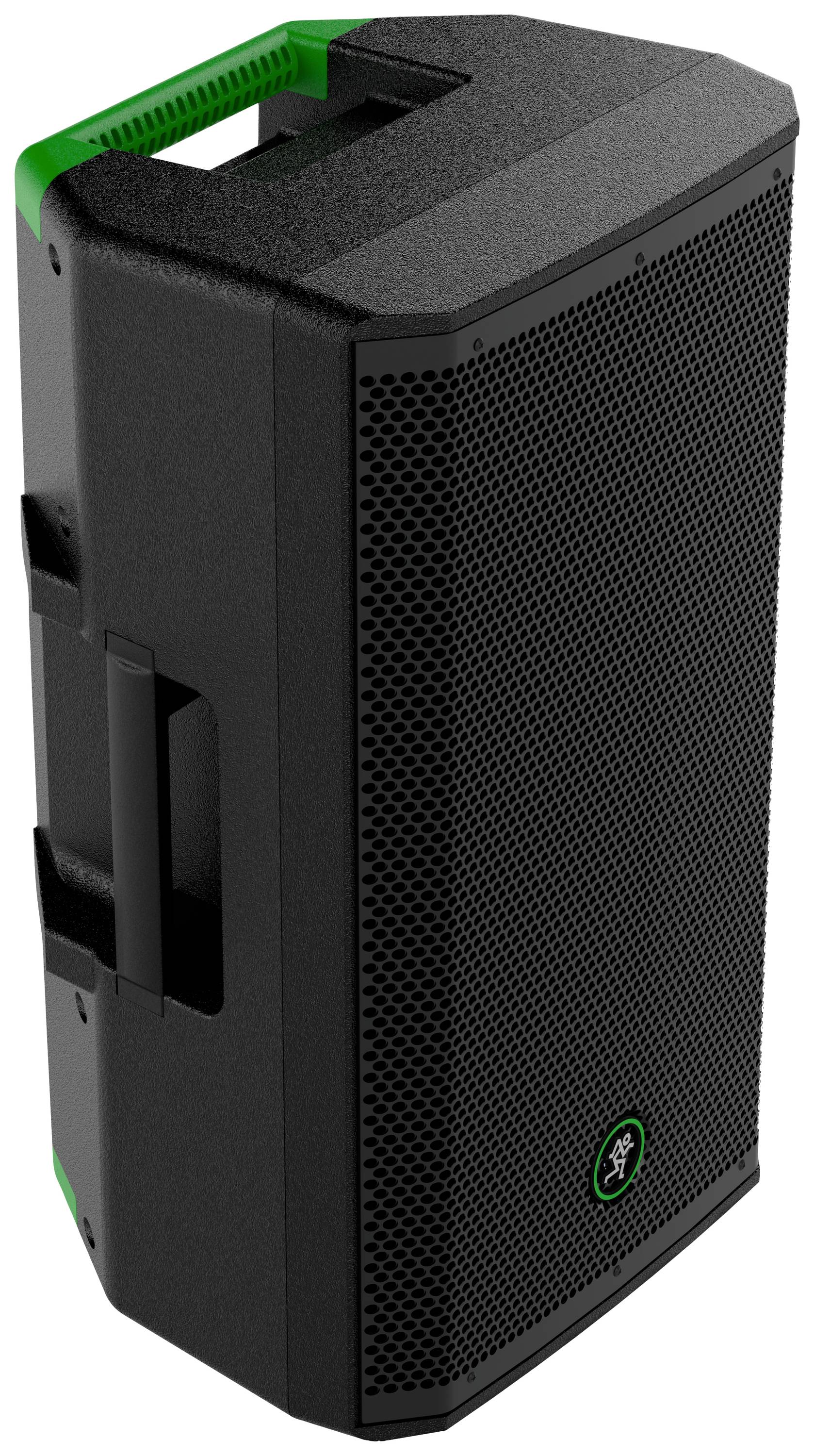 Haut-parleur noir avec des accents verts et une poignée de transport. Adapté pour l'amplification audio portable et les performances live.