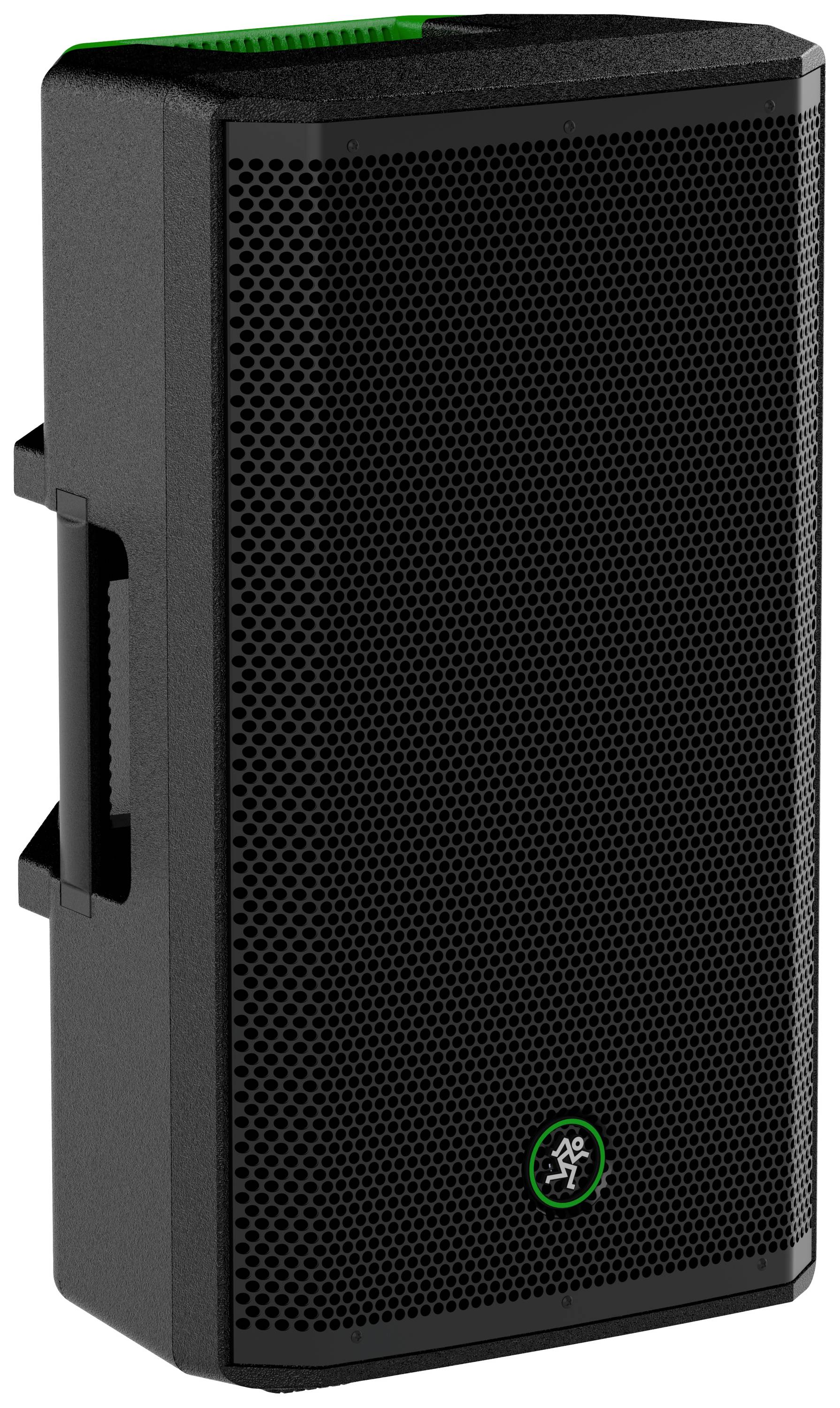 Un haut-parleur noir avec un logo vert et une poignée sur le côté, adapté pour une utilisation sur scène ou lors d'événements.