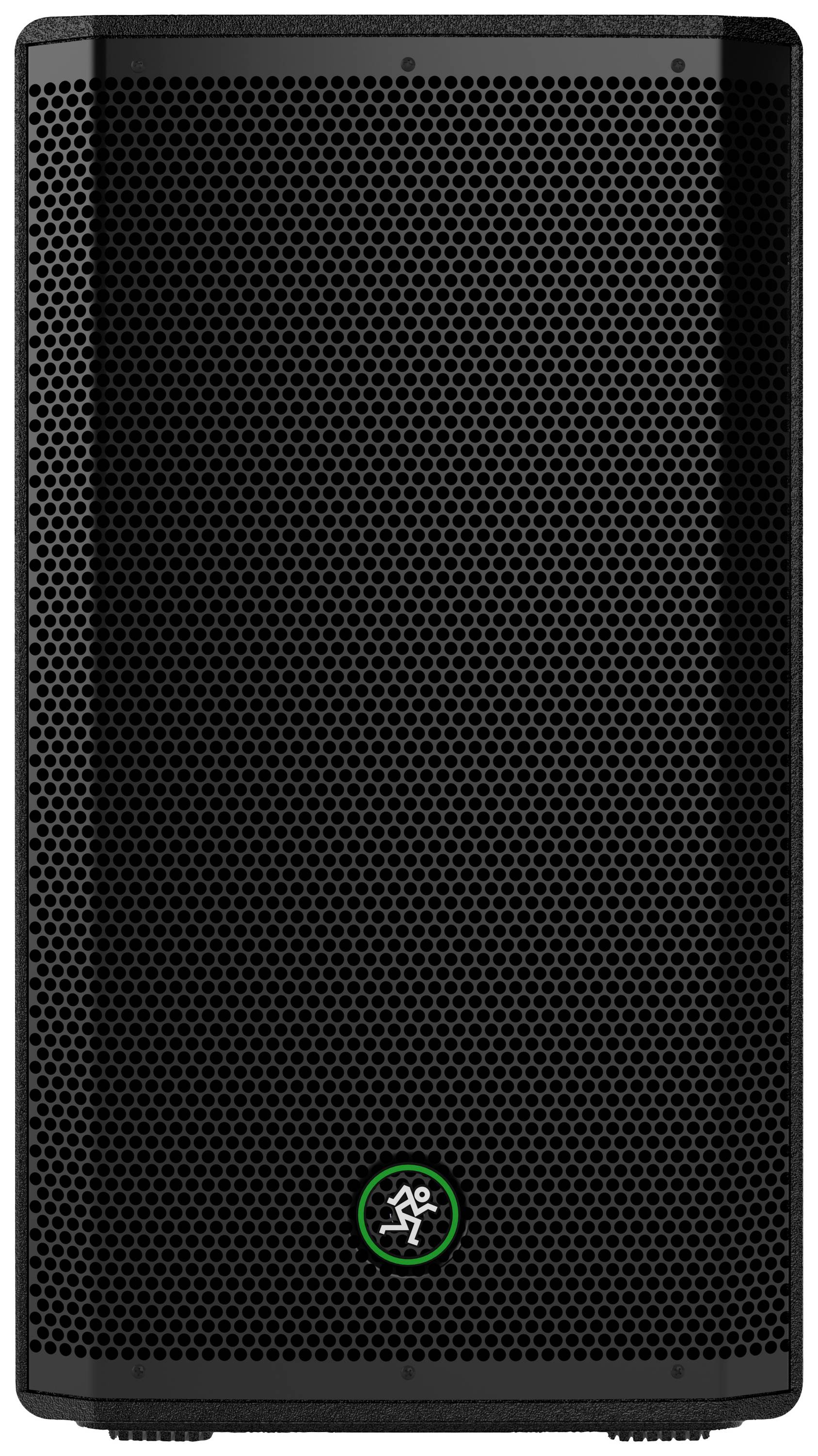 Haut-parleur noir avec design en grille et petit logo vert centré en bas. Adapté pour l'amplification sonore dans les espaces intérieurs ou lors d'événements.