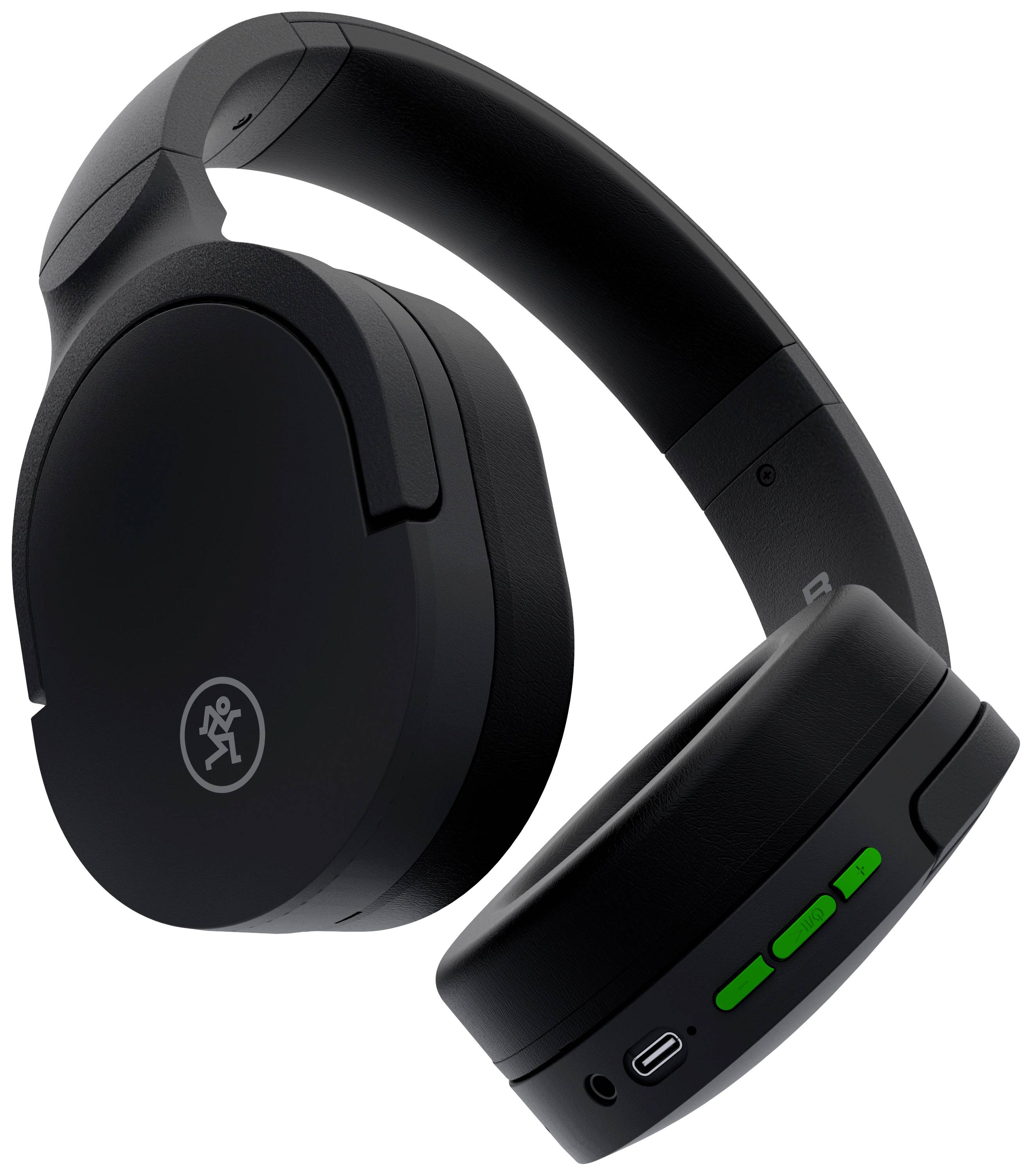 Casque over-ear sans fil noir avec logo sur le pavillon. Équipé d'un port USB-C et de touches de commande vertes sur l'écouteur.