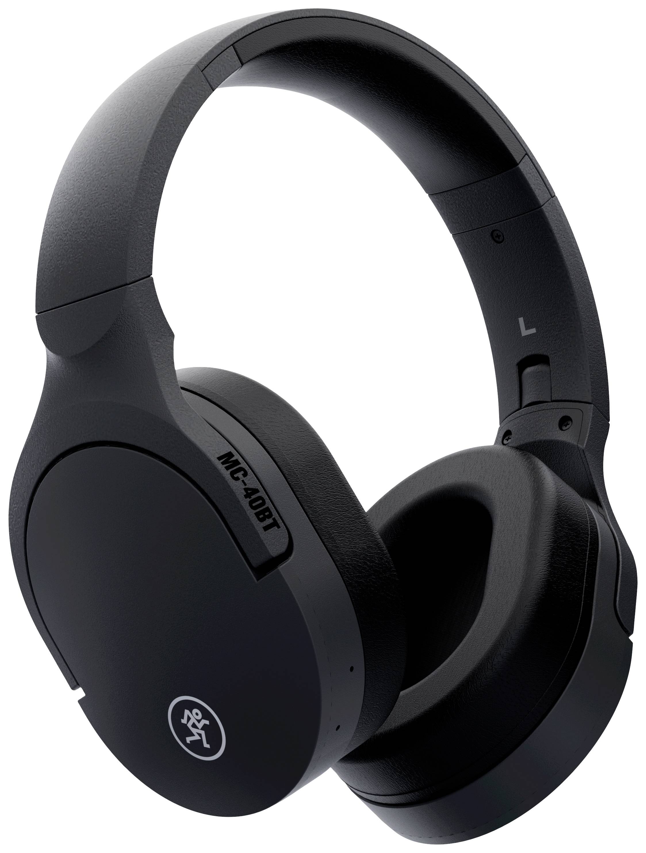 Écouteurs over-ear noirs sans fil, modèle MC-40BT, avec logo de marque sur le pavillon de l'oreille.