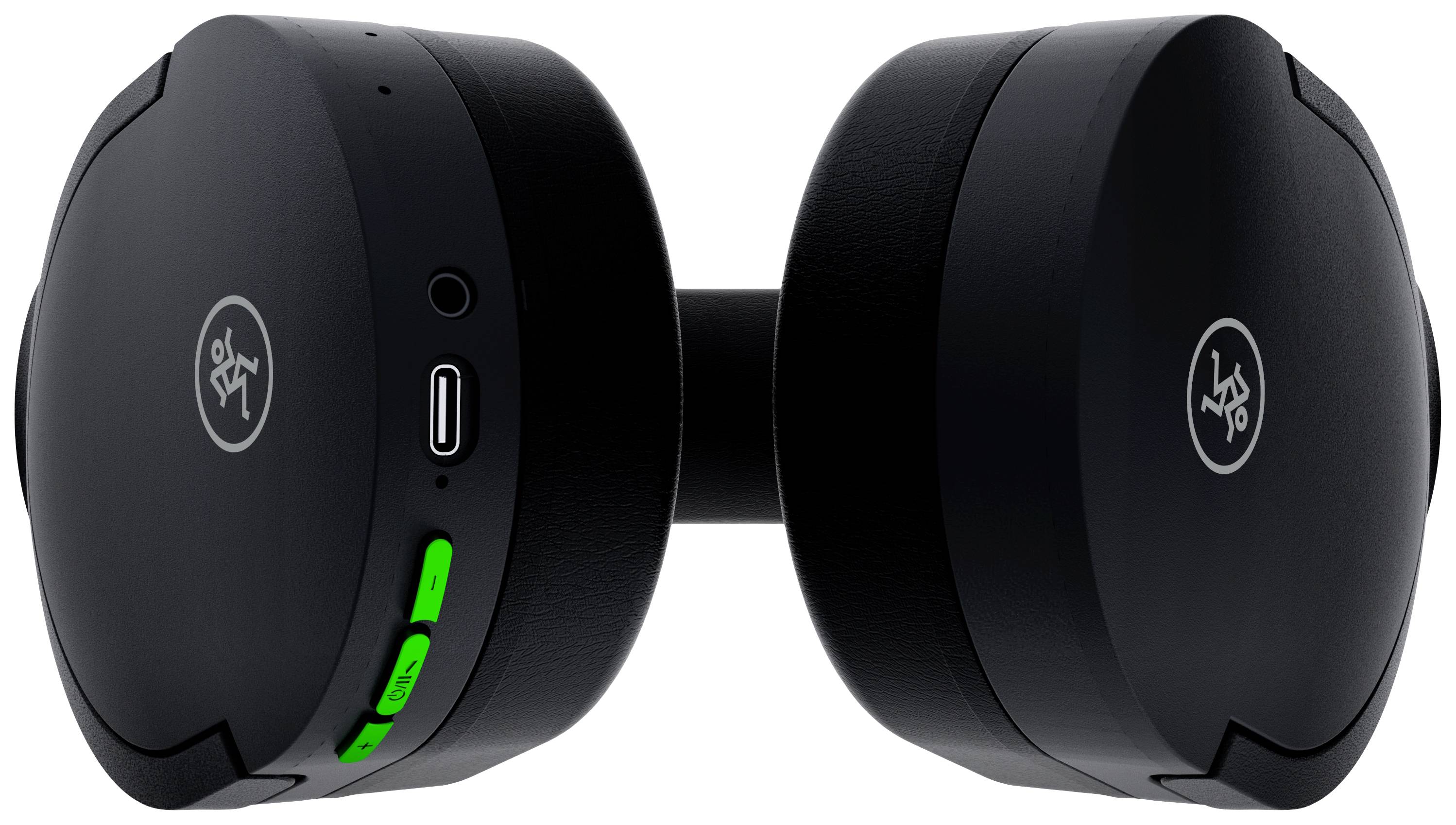 Écouteurs sans fil noirs vus de profil avec des indicateurs lumineux verts et un port de chargement USB-C.