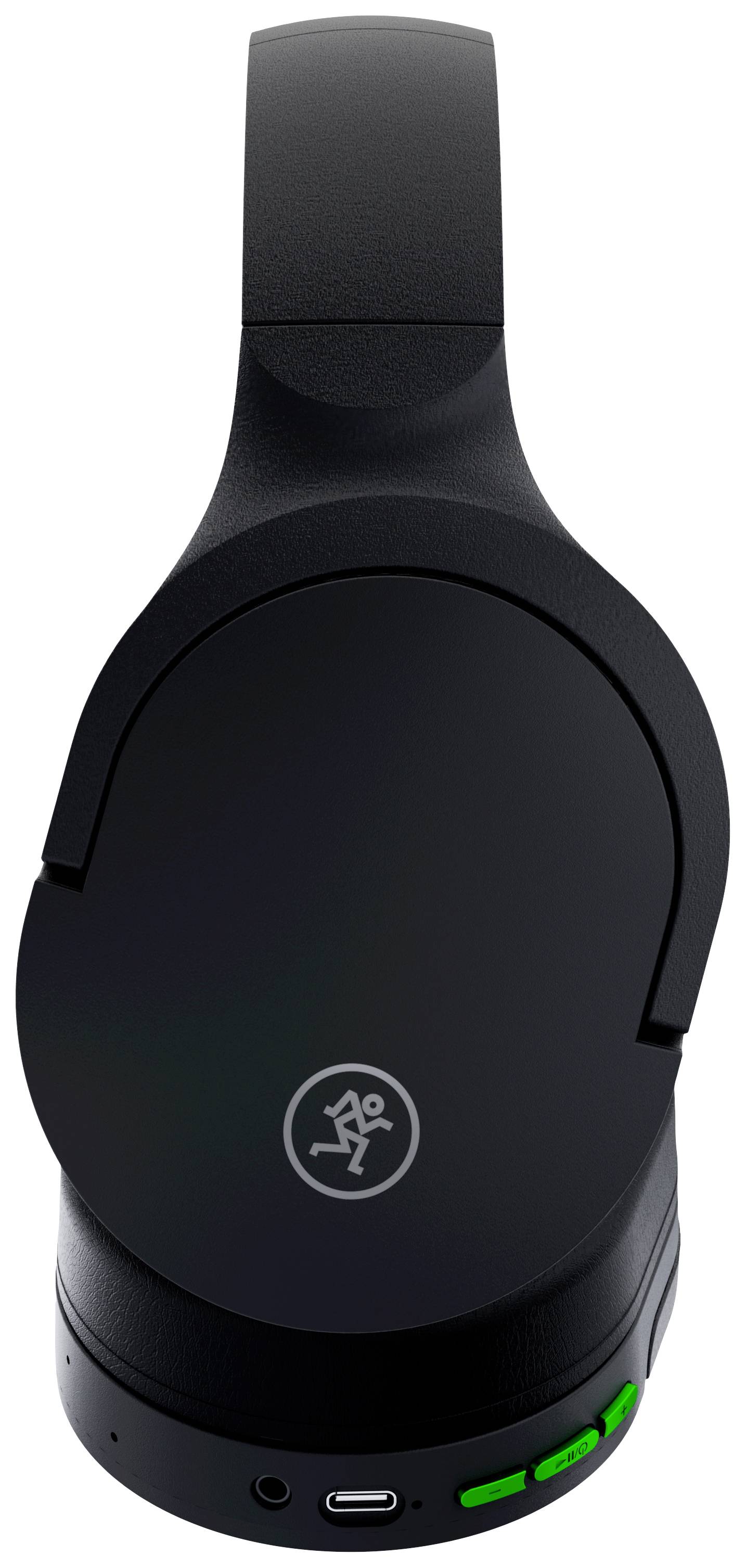 Casque audio noir, sans fil, à port over-ear, avec un indicateur d'état de batterie luminescent vert et un port de chargement situé en bas.
