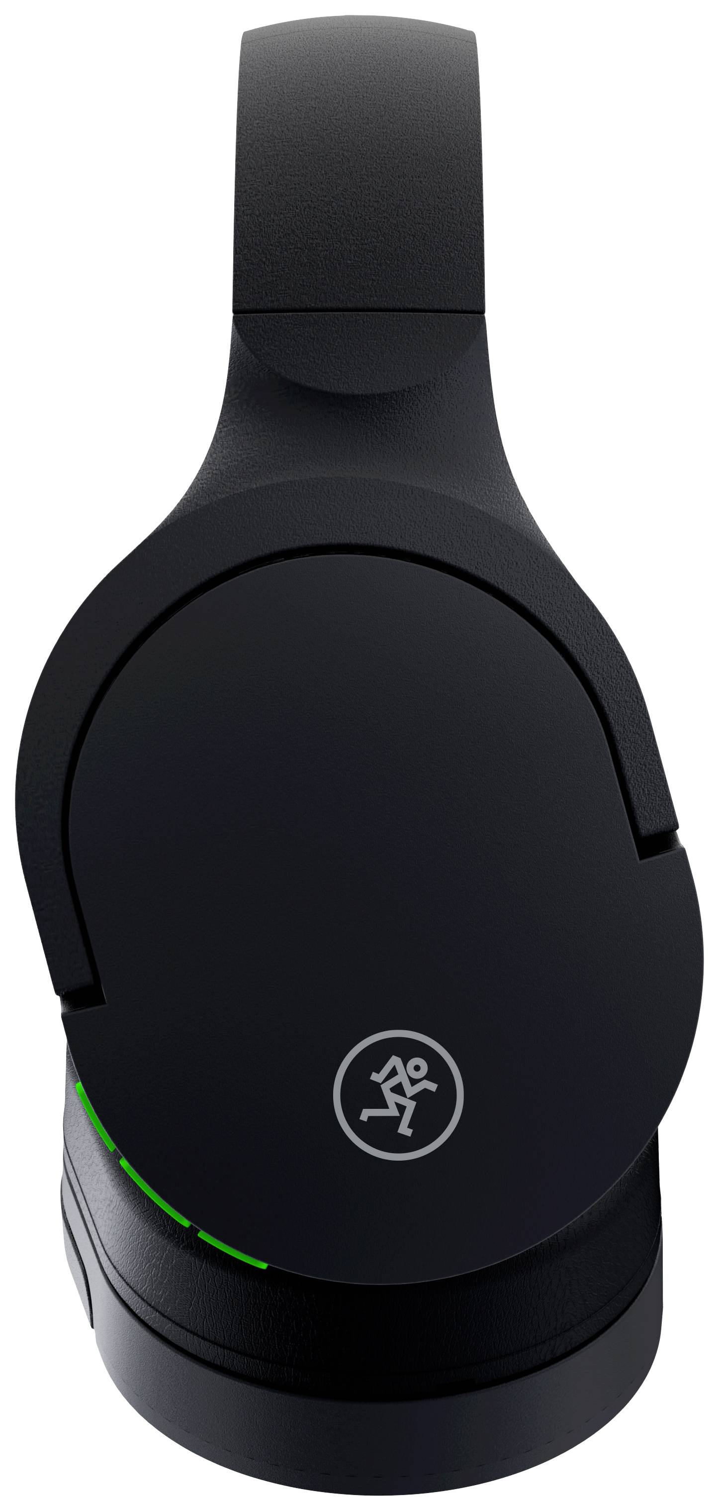 Casque audio noir circumauriculaire avec un bord lumineux vert autour du pavillon de l'oreille et un logo représentant une silhouette stylisée en mouvement.