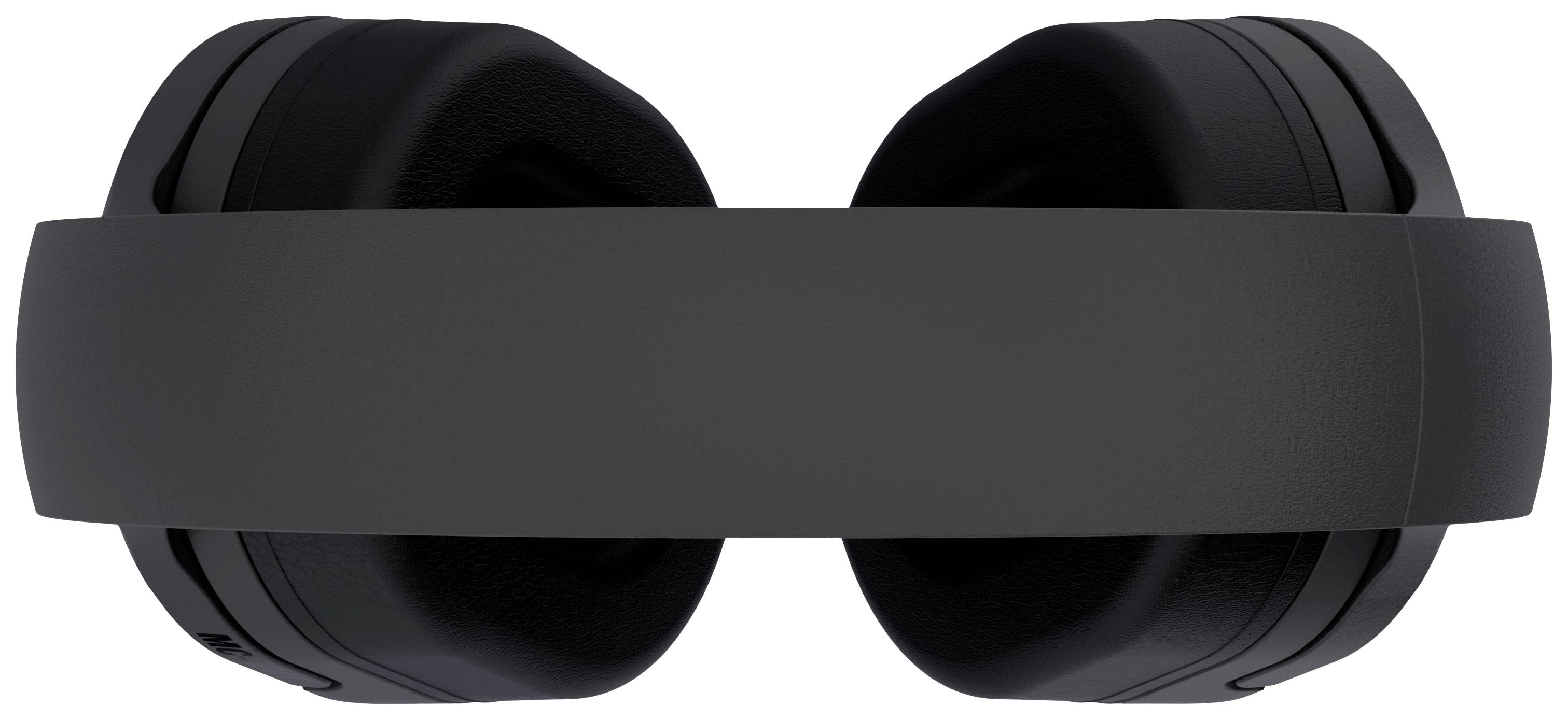 Casque noir circum-auriculaire, vu de dessus, avec des coussinets d'oreille rembourrés et un arceau réglable.