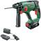 Marteau perforateur Bosch avec batterie et chargeur. Boîtier vert, boutons rouges, idéal pour les travaux de bricolage.