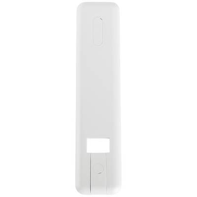 Un morceau rectangulaire, allongé et blanc en plastique avec un petit bouton ovale en haut et une découpe rectangulaire en bas.