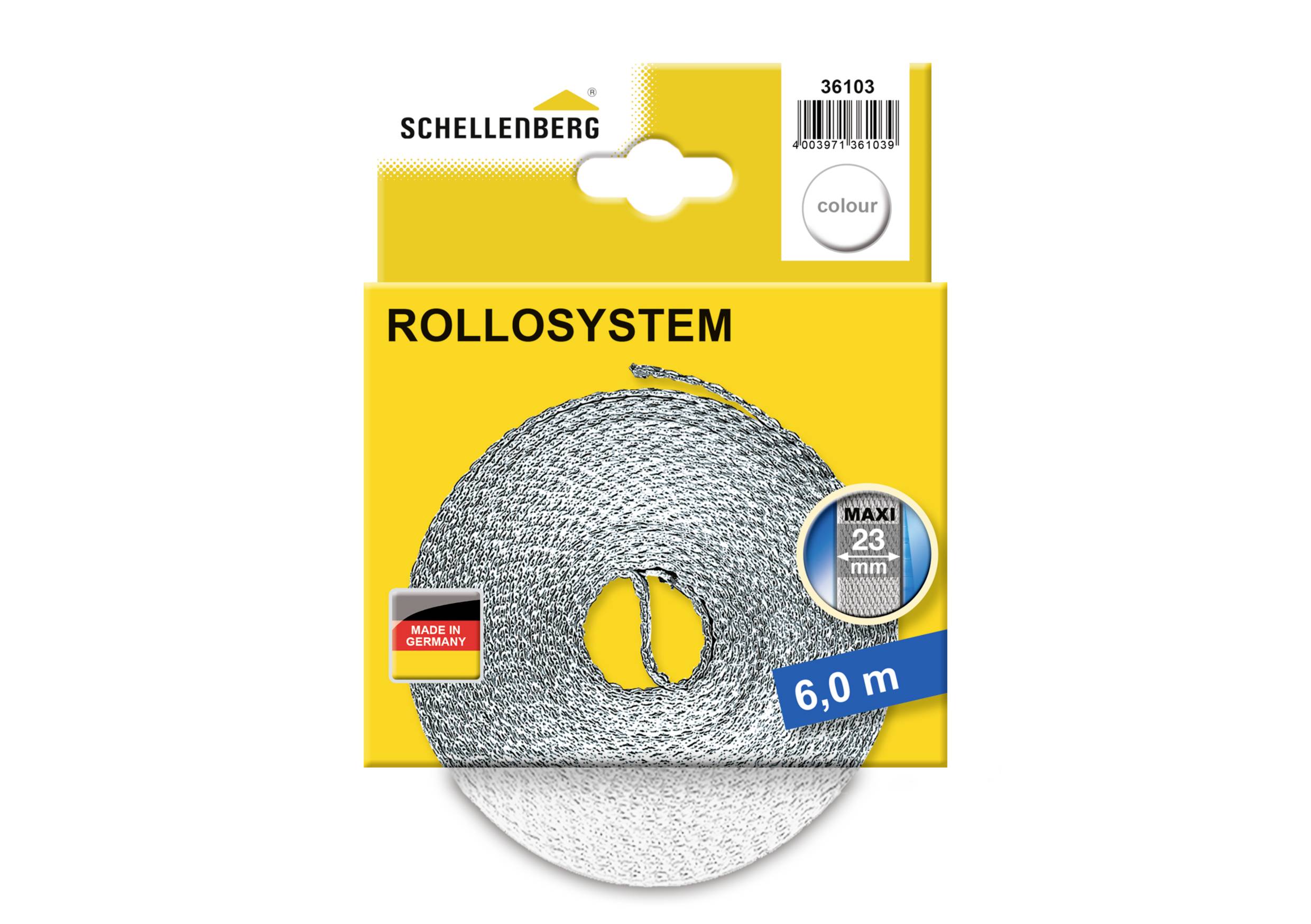 Emballage avec un système de volet roulant de 6 mètres de long. Le produit est de couleur argentée et large de 23 mm. Fabriqué en Allemagne par Schellenberg.