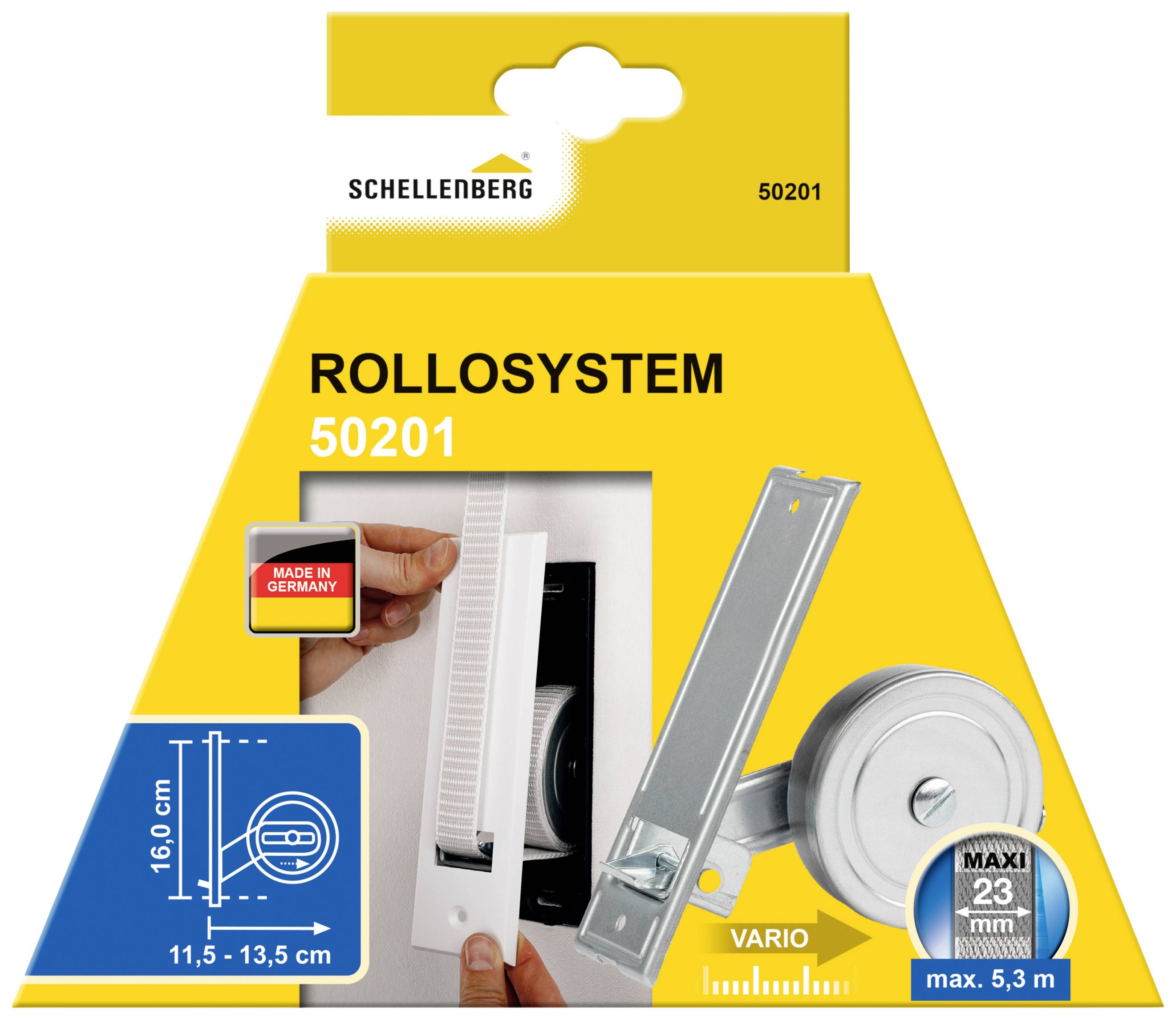 'Emballage pour système de volet roulant 50201 de Schellenberg. Contient une illustration du produit et ses dimensions. Fabriqué en Allemagne.'