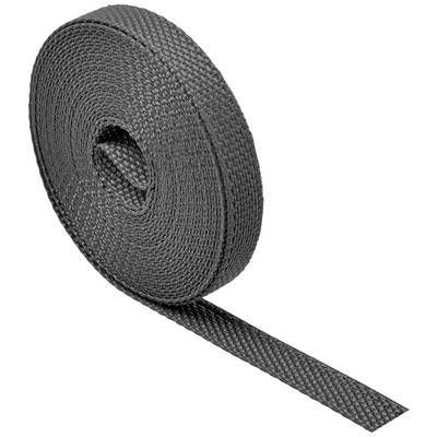 Un rouleau de ruban noir tissé, partiellement déroulé, debout.