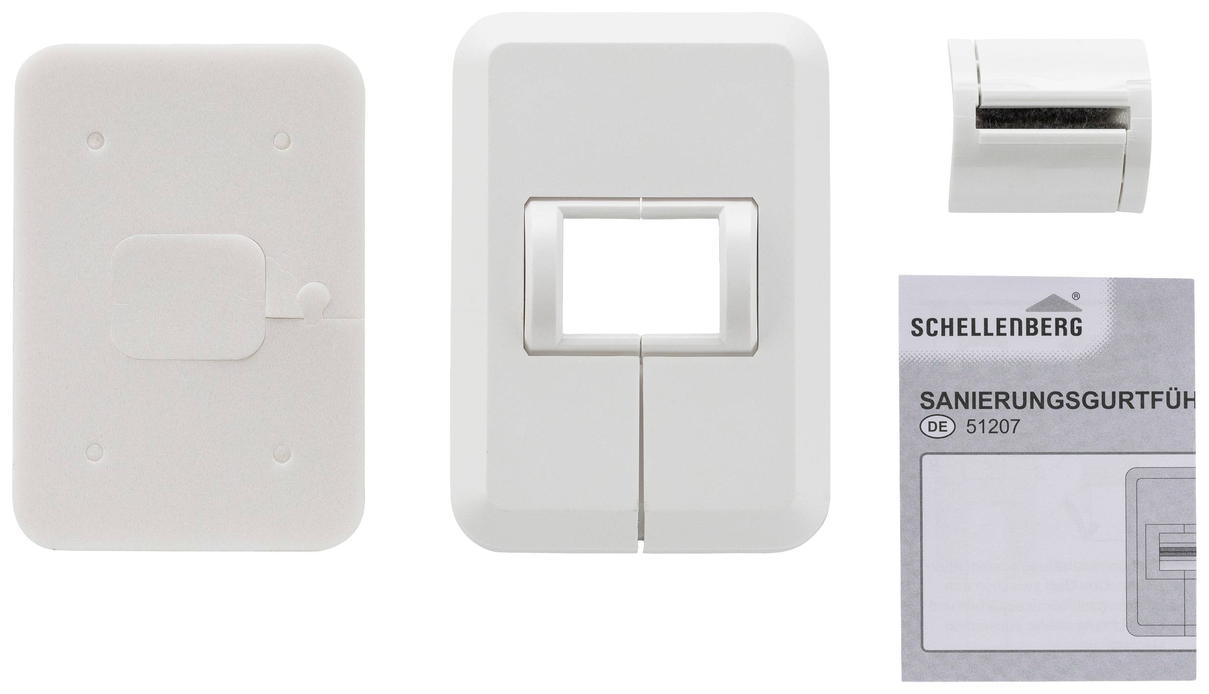 Un enrouleur de sangle de volet roulant blanc avec plaque de couverture et manuel de montage de la marque Schellenberg, référence modèle DE 51207.