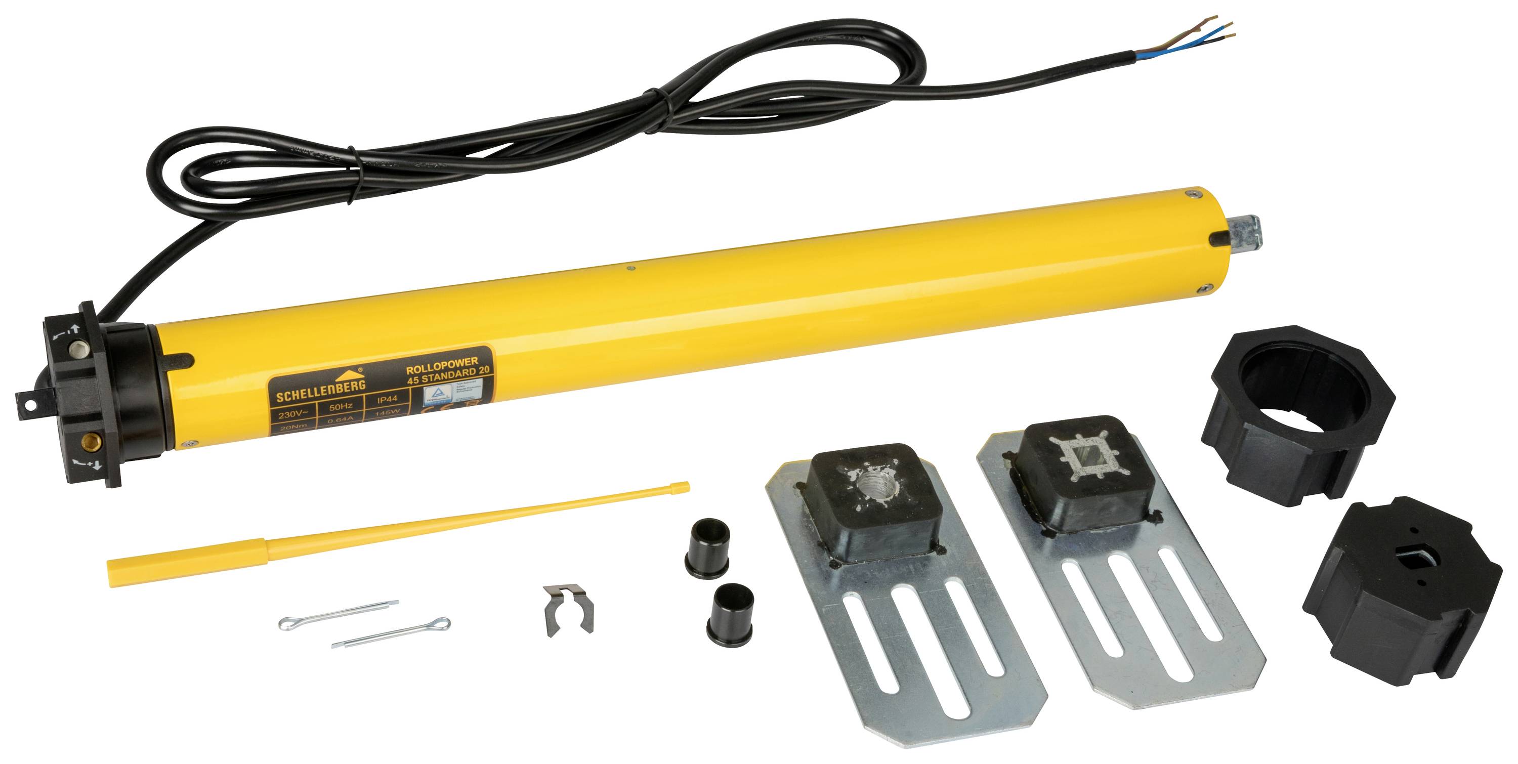 Moteur tubulaire électrique en jaune avec matériel de montage, câble et instructions. Adapté pour la commande de volets roulants ou de stores.