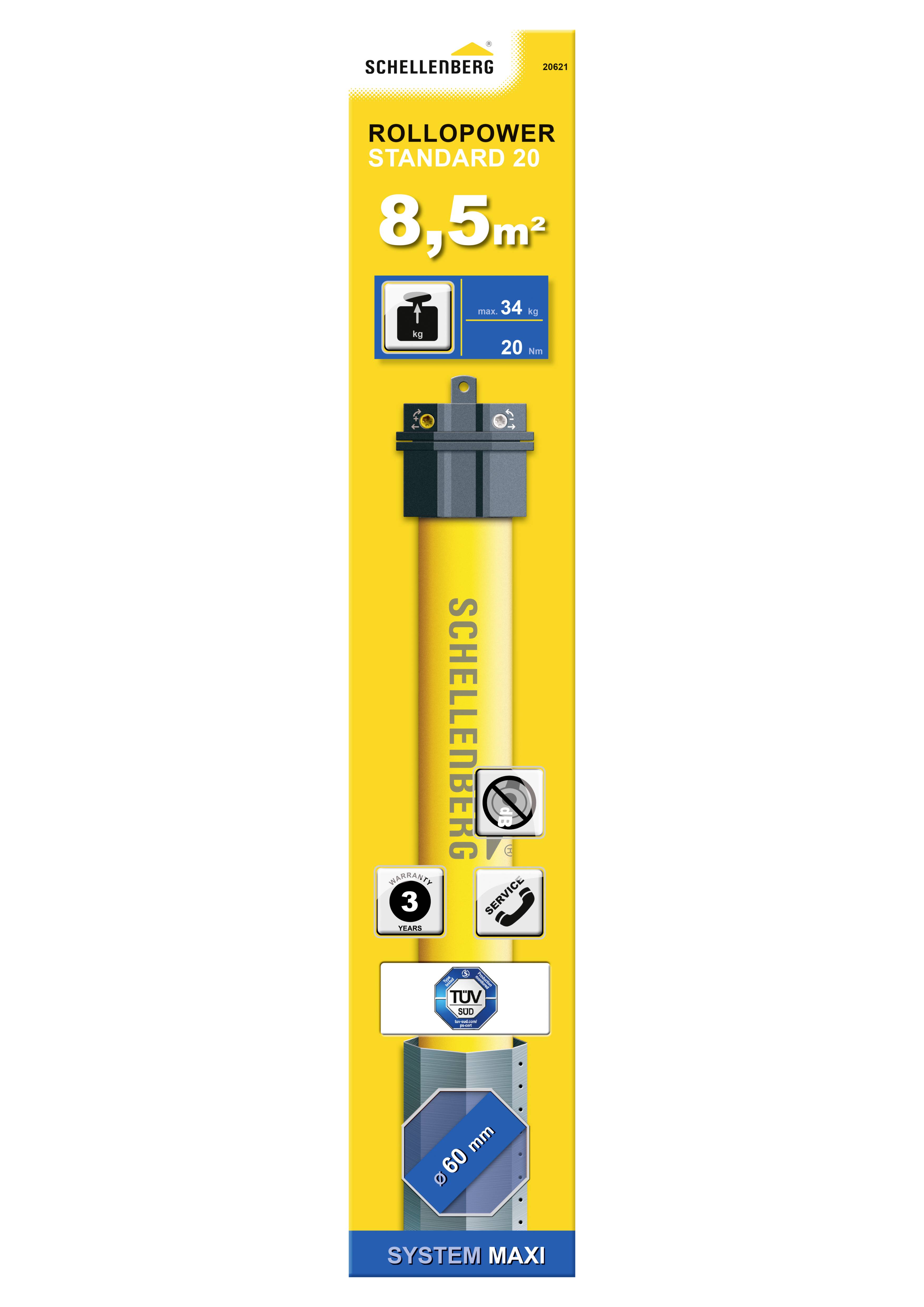 Emballage 'Rollopower Standard 20' avec informations : 8,5 m², 34 kg, 20 Nm. Compatible avec le système Maxi, certifié TÜV.