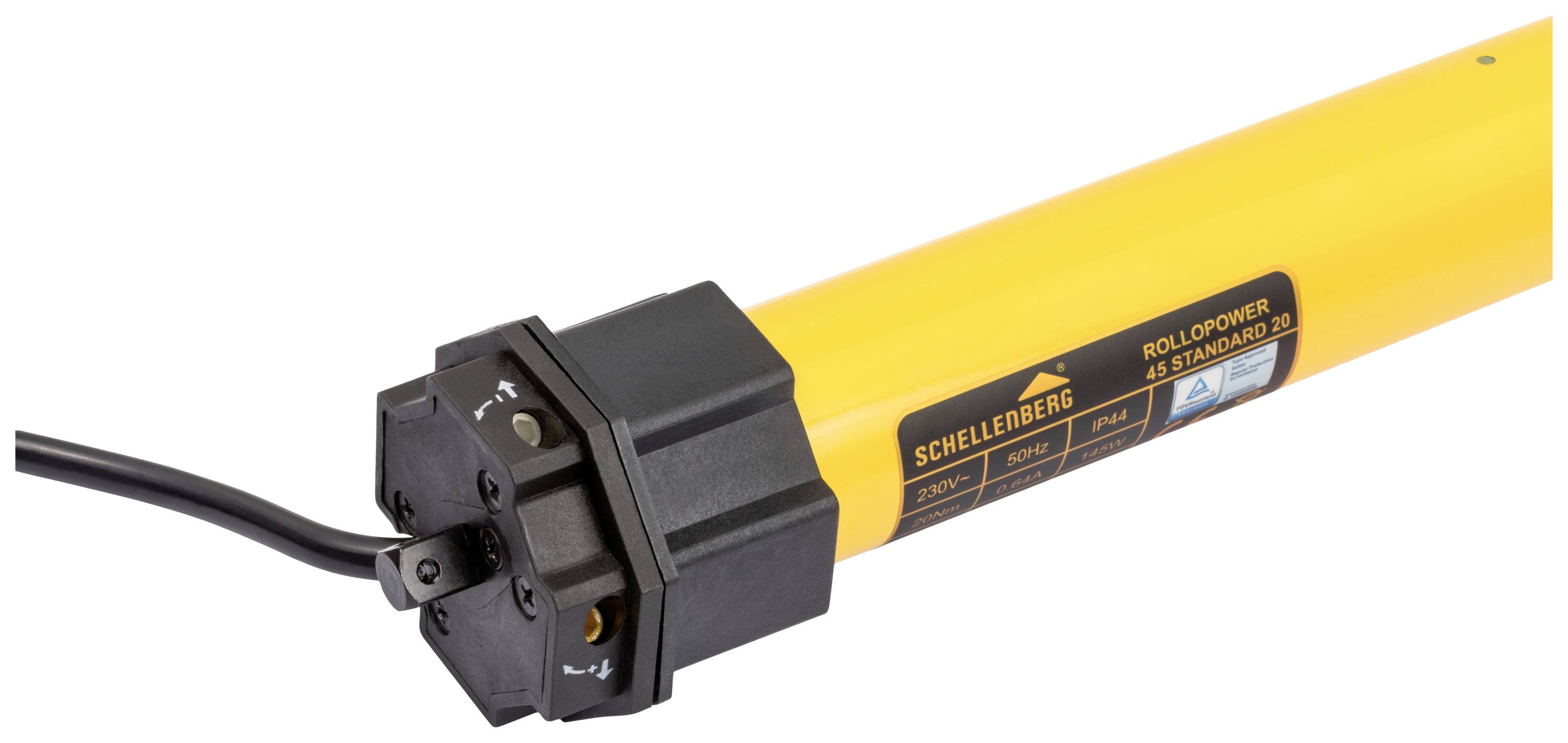 Moteur tubulaire jaune de Schellenberg pour volets roulants, câble de raccordement gainé de noir, adapté pour la commande électrique des volets roulants.