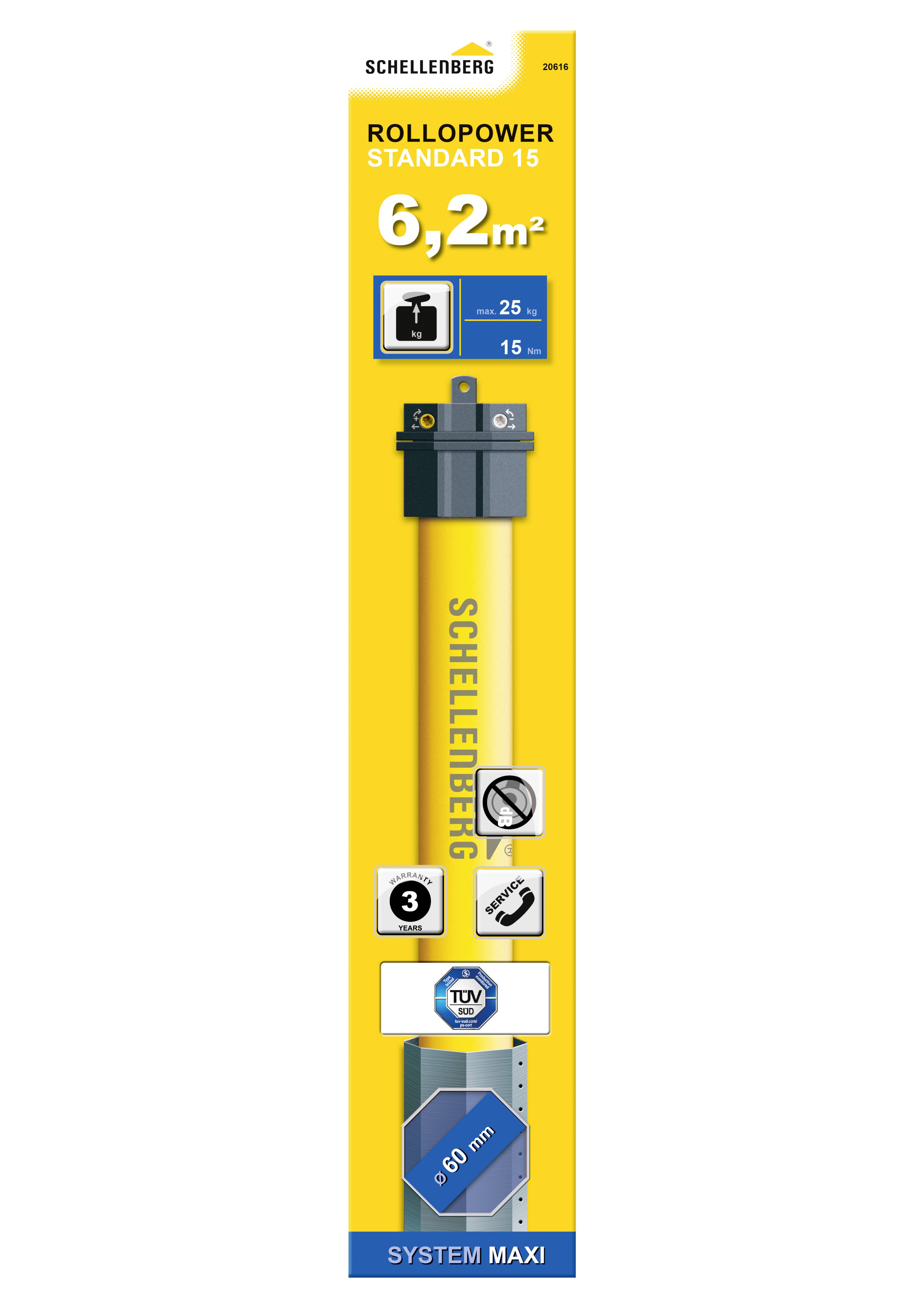 Emballage jaune d'un moteur de volet roulant de la marque Schellenberg, modèle 'RolloPower Standard 15', adapté pour des surfaces allant jusqu'à 6,2 mètres carrés.
