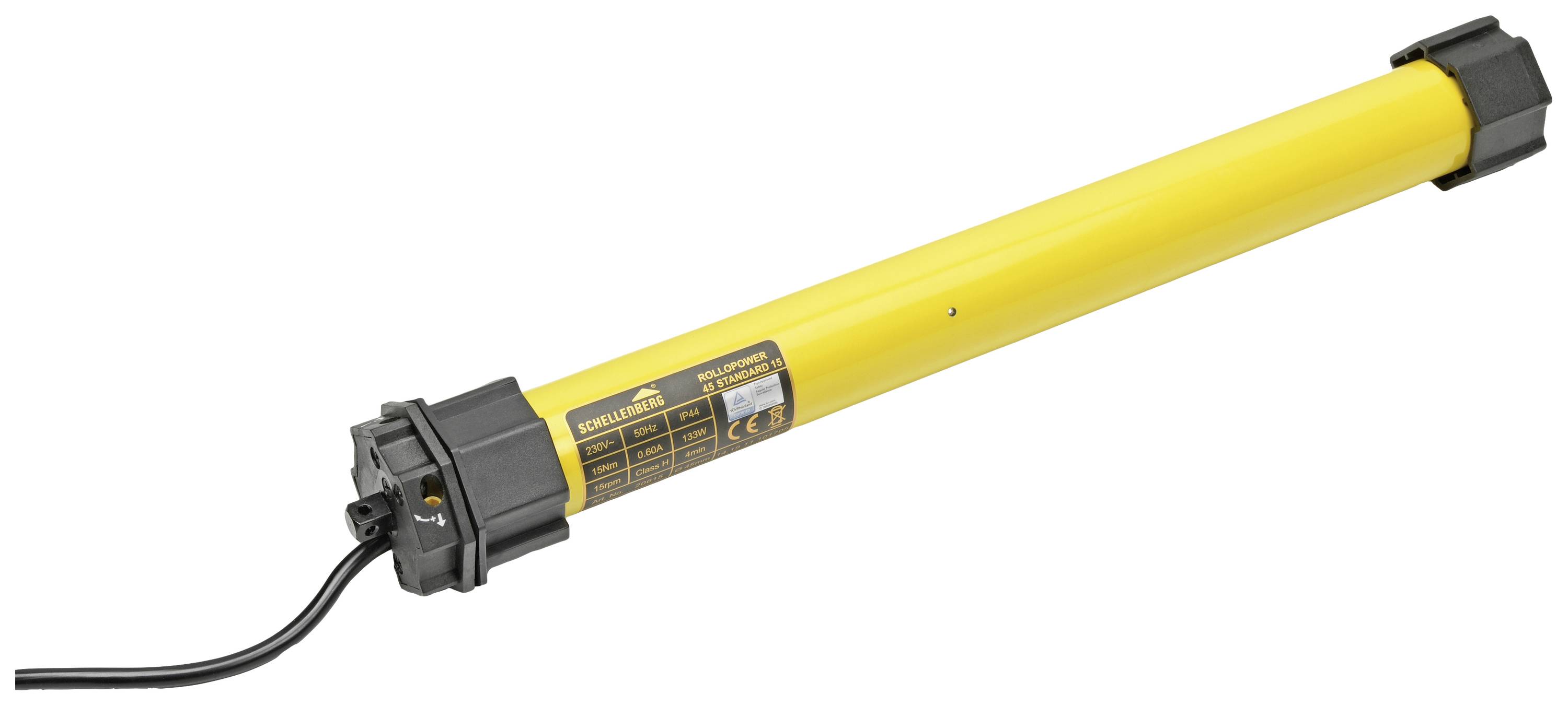 Moteur tubulaire jaune avec embouts noirs et câble de raccordement, couramment utilisé pour les volets roulants automatiques ou les stores.