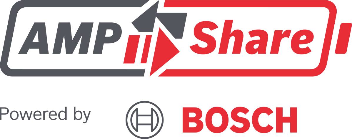 Un logo noir et rouge avec le texte 'AMP Share' et une icône stylisée de batterie. Sous ce logo, on peut lire 'Powered by BOSCH' accompagné du logo BOSCH.