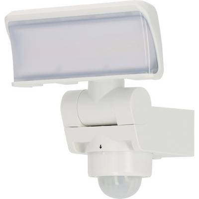 Projecteur de crue blanc d'extérieur avec détecteur de mouvement, lampe rectangulaire et tête de capteur pivotante sur un fond uni.