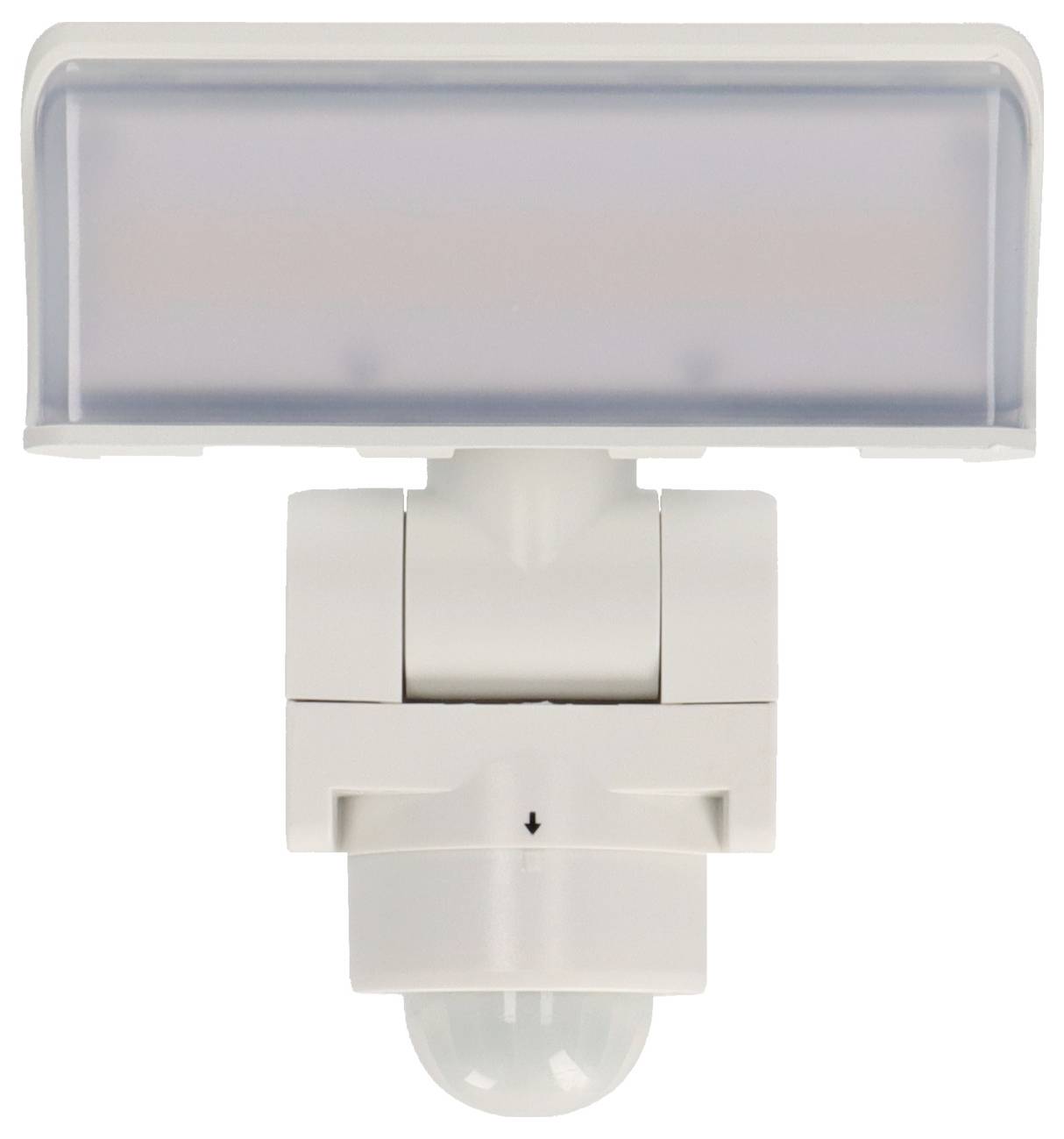 Luminaire de détecteur de mouvement rectangulaire blanc avec un couvercle supérieur translucide et un petit capteur dôme en dessous
