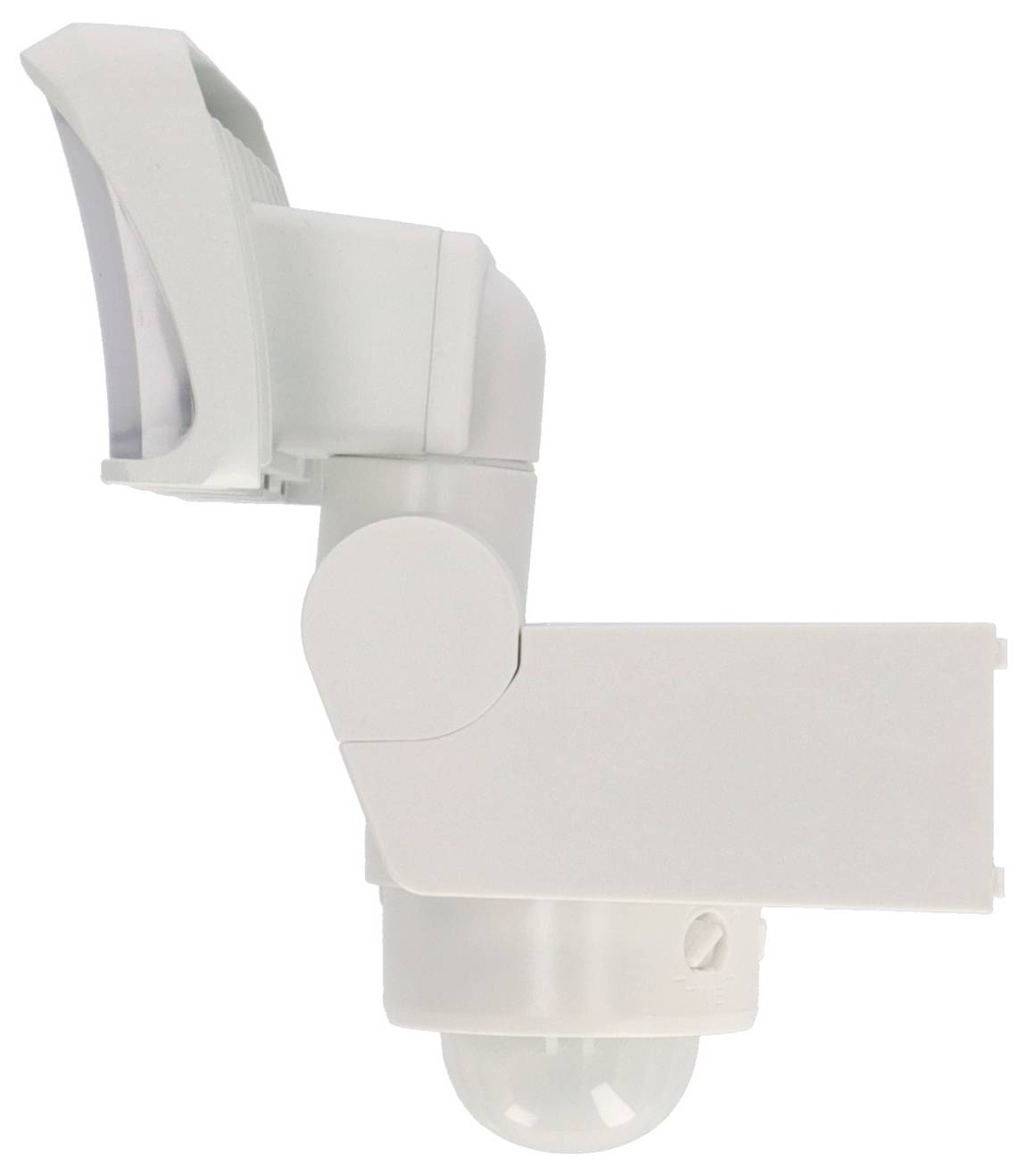 Luminaire de détection de mouvement extérieur blanc avec tête ajustable et dôme de capteur arrondi sur un fond blanc uni.