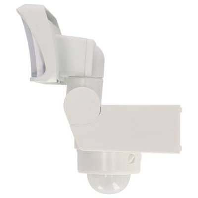 Luminaire de détection de mouvement extérieur blanc avec tête ajustable et dôme de capteur arrondi sur un fond blanc uni.