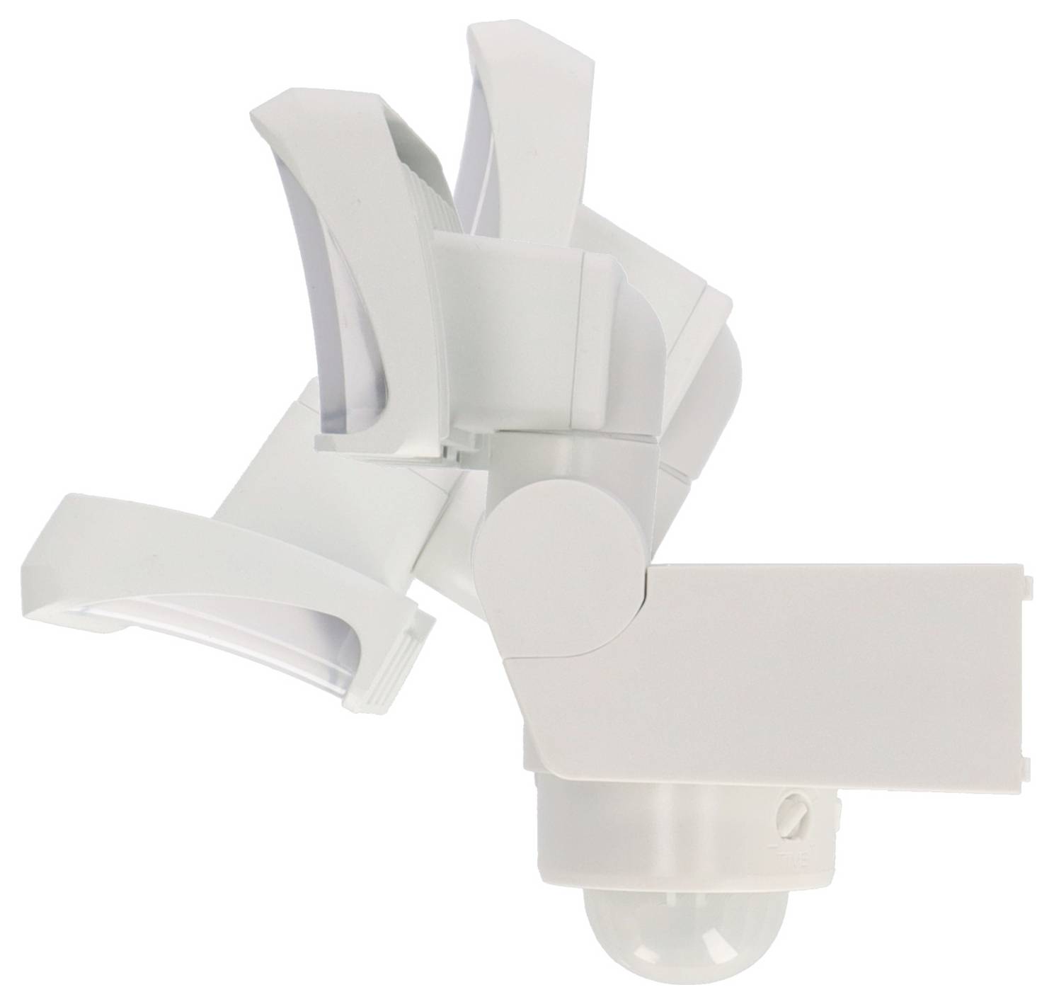 Lampe de sécurité murale multi-têtes blanche avec têtes de lampe réglables et un capteur de mouvement sous le luminaire.