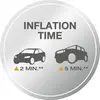 Deux images symboliques de voitures sur un fond métallique. Texte 'Temps d'inflation' : Voiture 2 Min, Jeep 5 Min.
