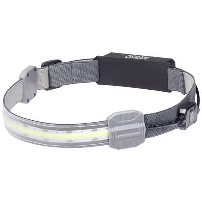 Bandeau LED gris avec sangle réglable et inscription de marque. Adapté pour courir ou travailler dans des environnements sombres.