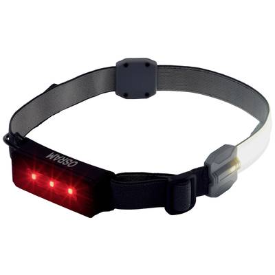 Un bandeau avec des lumières LED rouges et une sangle réglable. Les LED sont situées à l'avant et brillent dans un environnement lumineux.